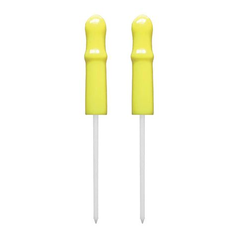 Two yellow Reusable Caulk Tube Cap With Built In Puncture Pin 2 Pack Keep Caulk Fresh Between Jobs Seals Open Tubes Tight And Prevent Dry Out Pro Grade Caulk Saver For Home Renovations And DIY Projects tools with pointed tips.