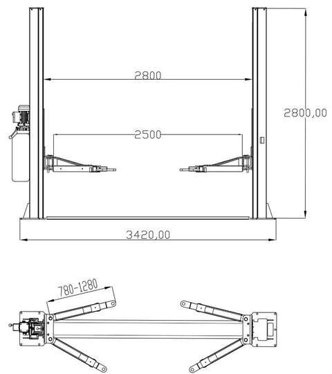 Heavy Duty Two Post Auto Lift With 10000 Lb Capacity dimensions drawing with hydraulic arms for vehicle hoisting.