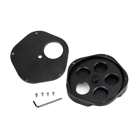 Pro Grade Telescope Filter Wheel All Metal Five Position Quick Swap For 1.25 Inch And 2 Inch Filters shown in disassembled view