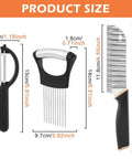Three black-handled kitchen tools: P-type peeler, onion holder, and stainless steel wavy crinkle cutter.