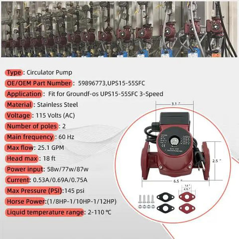 Three Speed Circulator Pump For Hot Water Hydronic Heating, One Twelfth Hp Flow Control Valve, Plug And Play Swap That Keeps Your Pipes Tight And Home Cozy, Zero Hassle Installation With Smooth Everyday Performance You Can Trust showing specs and stainless steel design.
