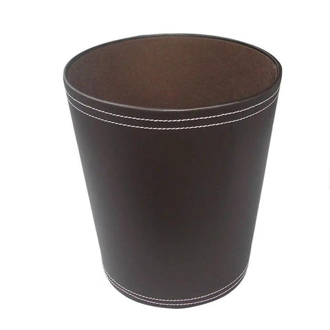 Classic Pu Leather Round Trash Can In Brown For Bathroom Powder Room Kitchen Office And Hotel Use Durable PU Exterior With Non Woven Liner And White Stitching