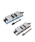 Heavy Duty Machine Vise Featuring Rock Solid Flat Nose Jaws Six Inch Double Opening Bench Clamp Delivering Hardcore Clamping Power For Precision Work And Cnc Jobs, showing split design and adjustable handle.