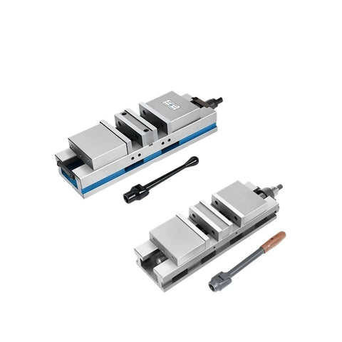 Heavy Duty Machine Vise Featuring Rock Solid Flat Nose Jaws Six Inch Double Opening Bench Clamp Delivering Hardcore Clamping Power For Precision Work And Cnc Jobs, showing split design and adjustable handle.