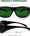 Wrap-Around Welding Glasses Offer Straight-Up UV Shield Blocking 99.9 Percent Rays, Rugged Build, showing dimensions of 150mm x 61mm x 56mm.