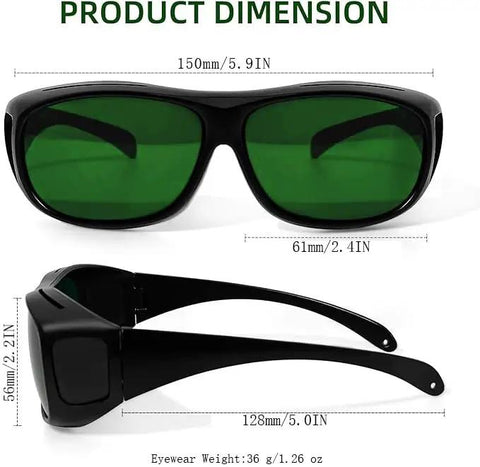 Wrap-Around Welding Glasses Offer Straight-Up UV Shield Blocking 99.9 Percent Rays, Rugged Build, showing dimensions of 150mm x 61mm x 56mm.