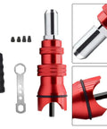 Upgrade Your Tool Kit With This Electric Rivet Adapter For Cordless Drill Turning Any Power Tool Into A Heavy Duty Alloy Steel Riveting Machine With Four Nozzles For Quick Blind Sheet Metal Settings, red alloy steel adapter with four nozzles