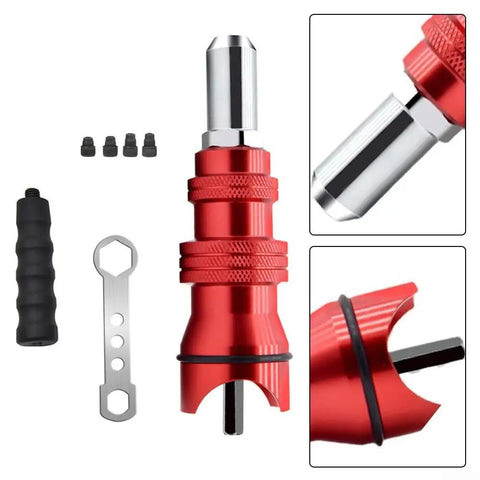 Upgrade Your Tool Kit With This Electric Rivet Adapter For Cordless Drill Turning Any Power Tool Into A Heavy Duty Alloy Steel Riveting Machine With Four Nozzles For Quick Blind Sheet Metal Settings, red alloy steel adapter with four nozzles