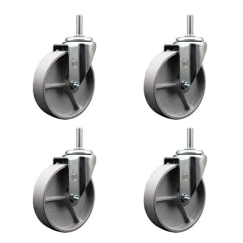 Swivel Threaded Stem Caster Set Of Four With 5 Inch Wheels And One And A Quarter Inch Hubs Five Eighth Inch Thread Posi Lock Brakes Silver Wheels Heavy Duty Cast Iron And Semi Steel 300 Lb Per Caster 1200 Lb Total Capacity For Carts