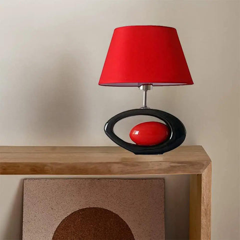Red And Black Ceramic Table Lamp With Oval Body And Red Lampshade, E27 Desk Light For Living Room And Bedroom, Bedside Nightstand Decor