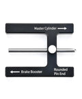 Black T-shaped brake booster push-rod adjustment tool with silver pin; labeled Master Cylinder and Brake Booster.
