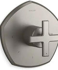 Occasion Thermostatic Valve Trim With Cross Handle In Vibrant Brushed Nickel on wall, premium metal build.
