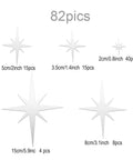 82 Piece 3D Acrylic Mirror Star Wall Stickers Set with various sizes for ceiling and walls, dope removable silver decals