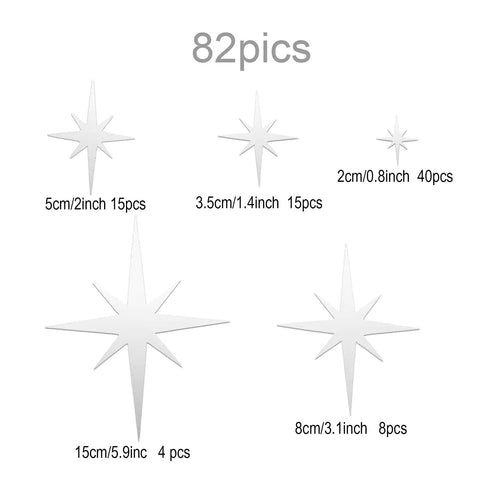 82 Piece 3D Acrylic Mirror Star Wall Stickers Set with various sizes for ceiling and walls, dope removable silver decals