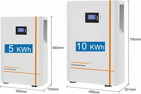 No Fuss Plug And Go 10Kwh Lifepo4 Solar Battery Smart Touch Display 51.2V 200Ah, 5KWh and 10KWh lithium batteries side view.