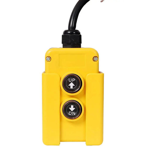 Heavy Duty 12V DC Hydraulic Power Unit With 3HP Pump And 8 Quart Steel Reservoir yellow control switch with UP and DOWN buttons.