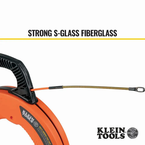 Klein Tools 56380 Non-Conductive Electrical Fish Tape with strong S-Glass fiberglass and steel leader detail.
