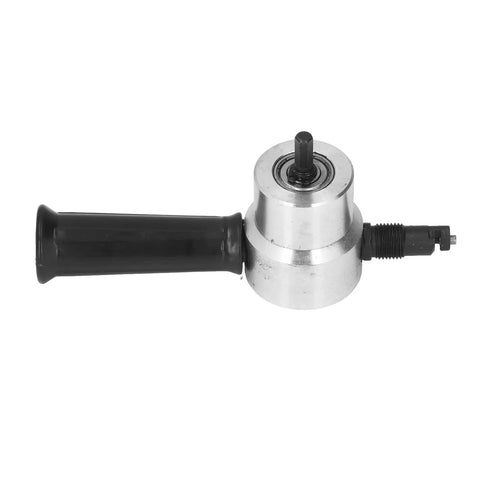 Heavy Duty Electric Metal Nibbler Cutter With Dual Adjustable Heads For Iron And Stainless Steel shown from the side with a black grip handle.