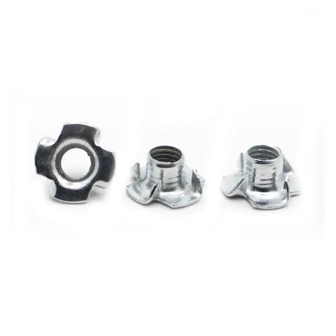 Heavy Duty Four Claw Captive Nut Inserts Made From Rugged Zinc Coated Steel, showing three nut inserts with sharp claws.
