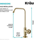 Urbix Standalone On-Demand Lead-Free Kitchen Water Filter Faucet in Brushed Gold with dimensions and installation details.