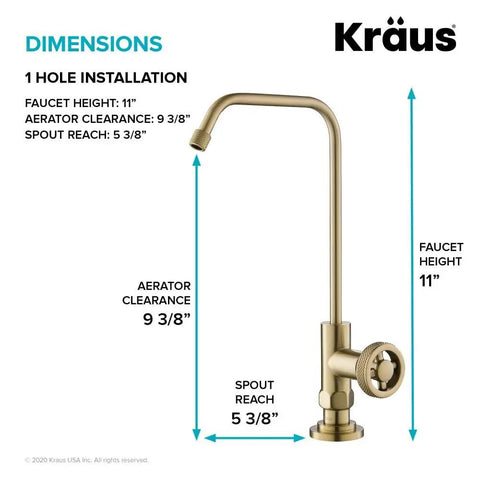Urbix Standalone On-Demand Lead-Free Kitchen Water Filter Faucet in Brushed Gold with dimensions and installation details.