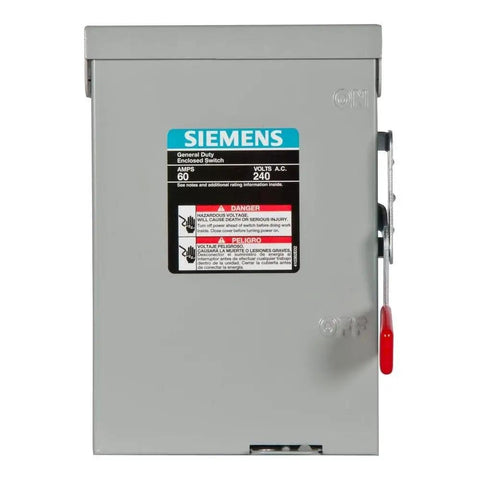 Front view of 60 Amp Non Fusible Safety Switch Heavy Duty Single Phase Two Pole 240 Volt With Quick Break Mechanism 10,000 AIC Max