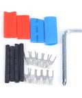Heavy Duty Ultrasonic Liquid Flow Meter accessories including TM-1 and TS-2 transducers connectors and wrench on white background.