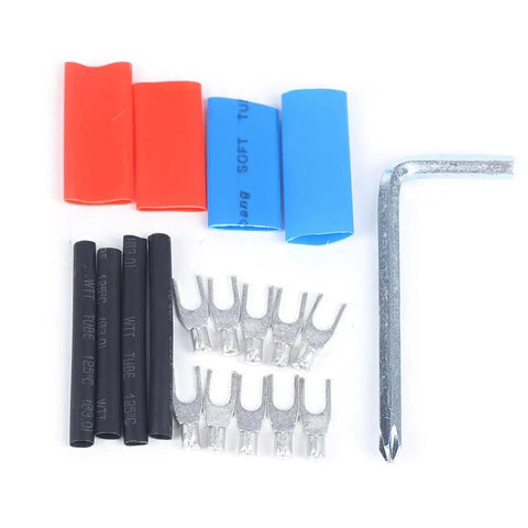Heavy Duty Ultrasonic Liquid Flow Meter accessories including TM-1 and TS-2 transducers connectors and wrench on white background.