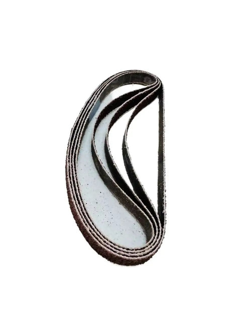 Boss 10 Pack Tough As Nails 330X10MM Abrasive Sanding Belts For Belt Sanders showing flexible sanding belts in a stacked loop.