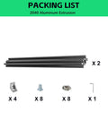 2040 V Slot Aluminum Extrusion Profile 400mm Two Pack Kit With Anodized European Standard Finish Corner Bracket Set For CNC DIY 3D Printer Black 6063 T5 Aluminum With Smooth Edges. Packing list showing two black extrusions and hardware