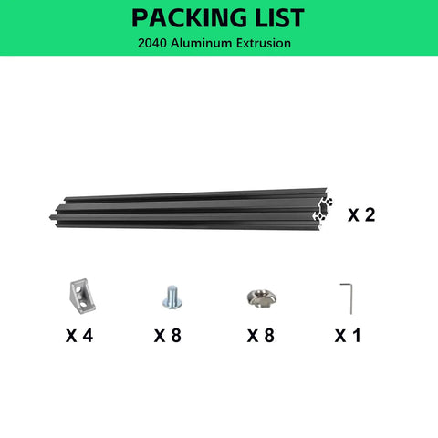 2040 V Slot Aluminum Extrusion Profile 400mm Two Pack Kit With Anodized European Standard Finish Corner Bracket Set For CNC DIY 3D Printer Black 6063 T5 Aluminum With Smooth Edges. Packing list showing two black extrusions and hardware