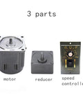 Image of 110V adjustable gear motor with parts: motor, reducer, speed controller.