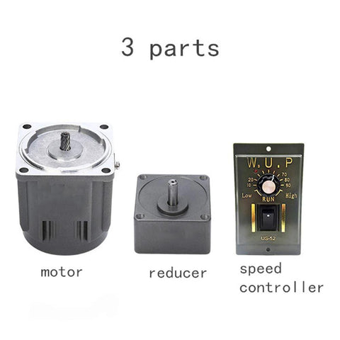 Image of 110V adjustable gear motor with parts: motor, reducer, speed controller.