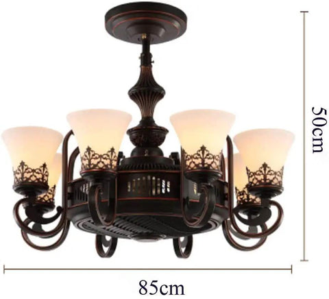 Retro Ceiling Fan Light With Negative Ion Purification Zero Fuss Remote Control Silent Third Gear Wind Speed Four Hour Timer Eco Savvy Chill Mode Setup, featuring 5 glass shades and stylish design, 85cm size.