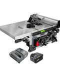 Beast Mode 24V Brushless Cordless Table Saw Kit Featuring 8.25 Inch Precision Cutting Blade And 6.0Ah Stacked Lithium Battery Paired With Rapid Charger on workbench.