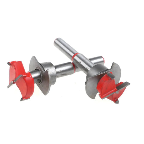 Adjustable Forstner Wood Drill Bits 5 Piece Carbide Tipped Set No Sweat Boring For Cabinet Hinges showing rear and front views of bits.