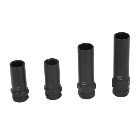Thin Walled Cr Mo Steel Lug Nut Socket Set With Spline Lug Nut Keys, 8 Pc Wheel Lock Removal Tool Kit displayed in various sizes.