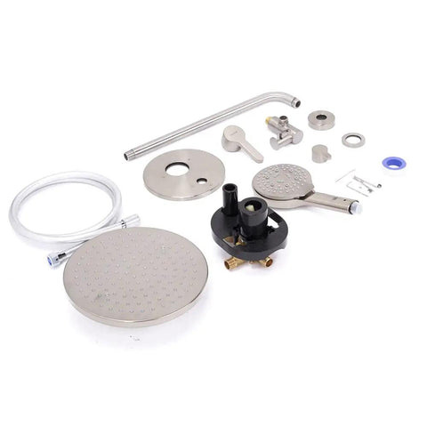 Brushed Nickel Shower Faucet Set Complete Shower System With 6 Inch Rain Shower Head Handheld Spray And High Pressure Rough In Valve Body