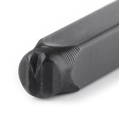 Close-up of M stamp from Pro Grade Metal Stamping Kit With Carbon Steel Stamps 3mm Alphabet And Number Punches Hard Case