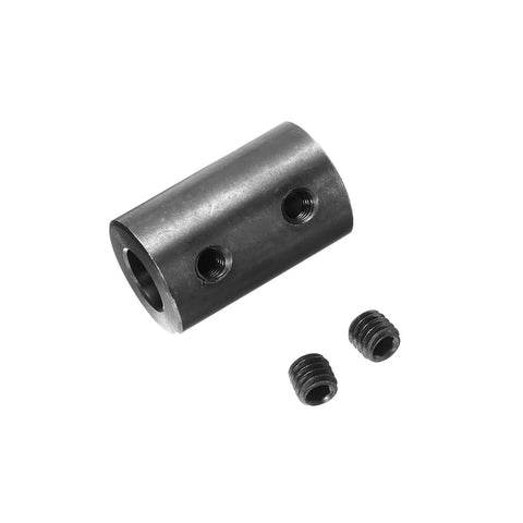 Rigid Shaft Coupling Five Eighths Inch Bore And One And A Quarter Inch Outer Diameter Two Inch Length Black Oxide Plated Steel Motor Wheel Coupler With Two Set Screws For Rock Solid Torque Transmission In Small Machines, angled view