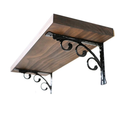Heavy Duty Shelf Brackets With Hooks Pair Of Rock Solid Black Floating Wall Supports Rust Proof Aluminum Alloy One Piece Cast Construction for wooden shelf installation.
