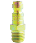 Straight Up Heavy Duty Bulk Deal One Hundred Forty Pieces Quarter Inch MNPT T Shape Plugs Built Hella Durable Case Hardened Steel Pneumatic Air Line Fittings Max Three Hundred Psi Compressor Gear, close-up of yellow plated fitting.