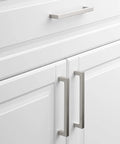 5 Inch Brushed Nickel Cabinet Pulls 10 Pack Square Handles Modern Stainless Steel Hardware For Cabinets Drawers Dressers Closets Smooth Brushed Nickel Finish Center Hole 5 Inch For Easy Installation installed on white cabinet doors