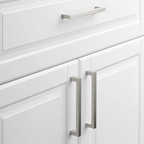 20 Pack 5 Inch Brushed Nickel Cabinet Pulls Square Handles installed on white cabinet doors