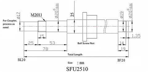 Diagram of CNC Ballscrew Kit SFU RM2510 Plus Linear Guide Rail HGH25 2900mm, showing dimensions and specifications.