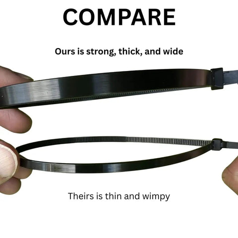 Comparison of 100 Pack Heavy Duty 14 Inch Zip Ties With 120 Pound Tensile Strength UV Resistant Marine Grade Nylon to thin tie