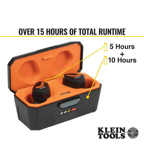 Jobsite Bluetooth Earbuds With 28 dB Noise Reduction Memory Foam Tips in charging case, showing over 15 hours runtime