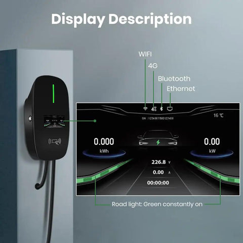 Heavy Duty Level 2 EV Charger Station For Full Throttle Charging And No Sweat Install, showing smart display features and connectivity options.