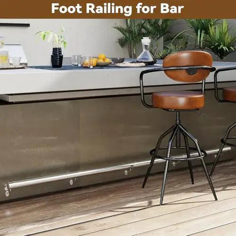 Premium Stainless Steel Bar Foot Rail Kit Includes Heavy Duty Wall Mount Brackets Slick Tubing And Secure Connectors For Straightforward Home Bar Installation with stools.