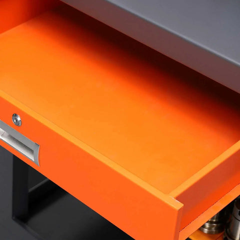 Heavy Duty Steel Workbench And Garage Tool Organizer Cabinet With Pegboard Hanging Parts Bins Lockable Drawers showing open orange drawer.